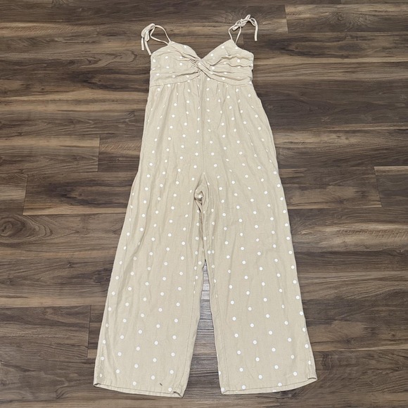 Old Navy Jumpsuit Womens Large Beige White Polka Dot Linen Blend Smocked Back - Picture 1 of 10